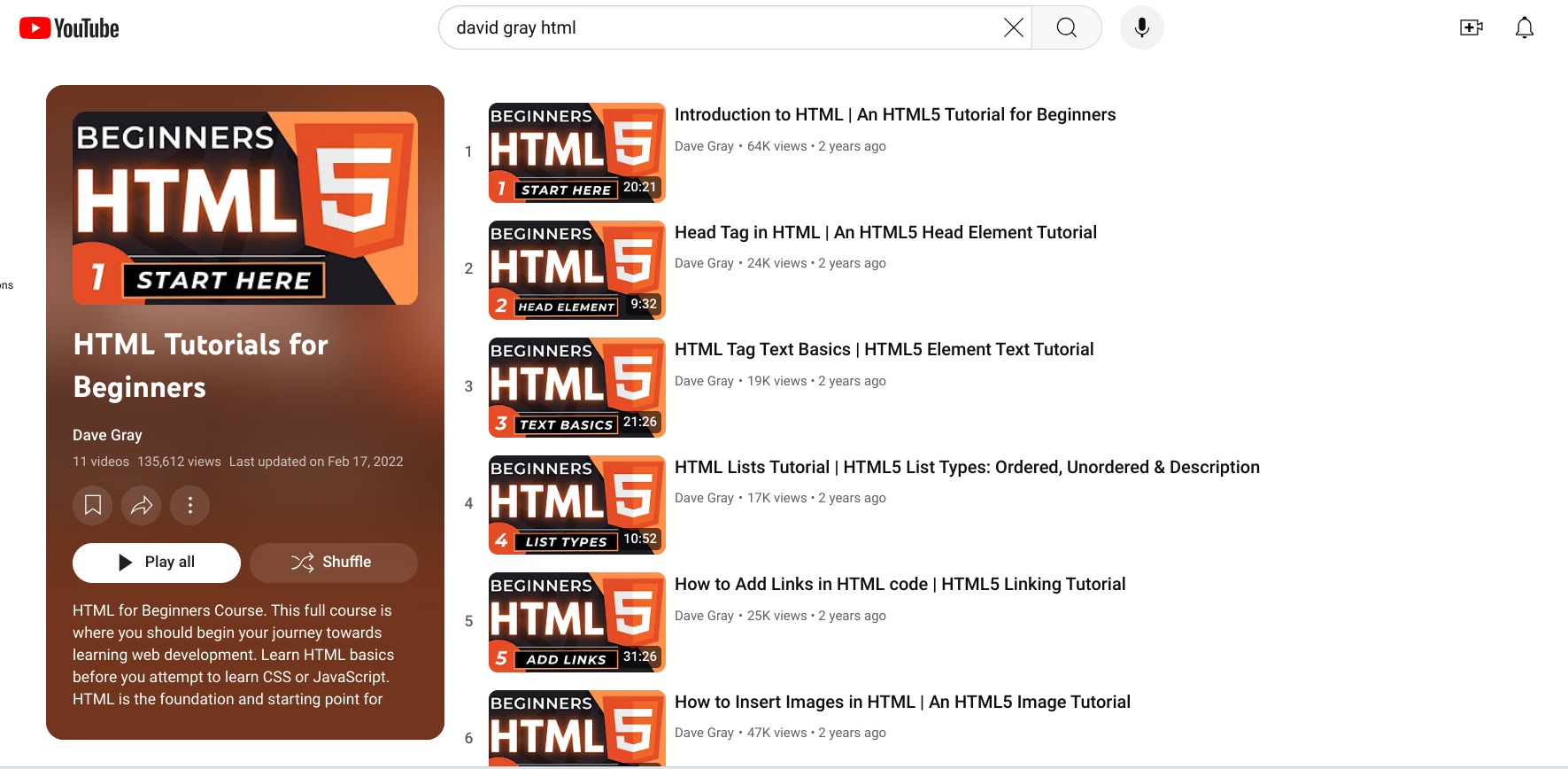Dave Gray HTML Course Playlist